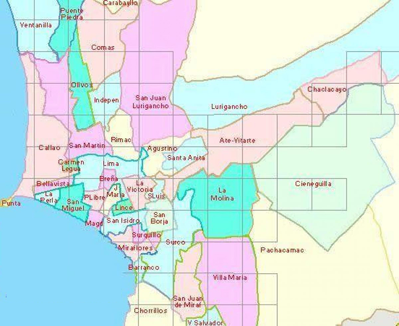 Mapa de bairros e regiões em Lima