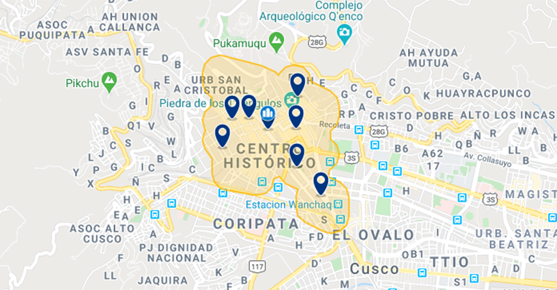 Mapa com a área favorita dos hóspedes em Cusco